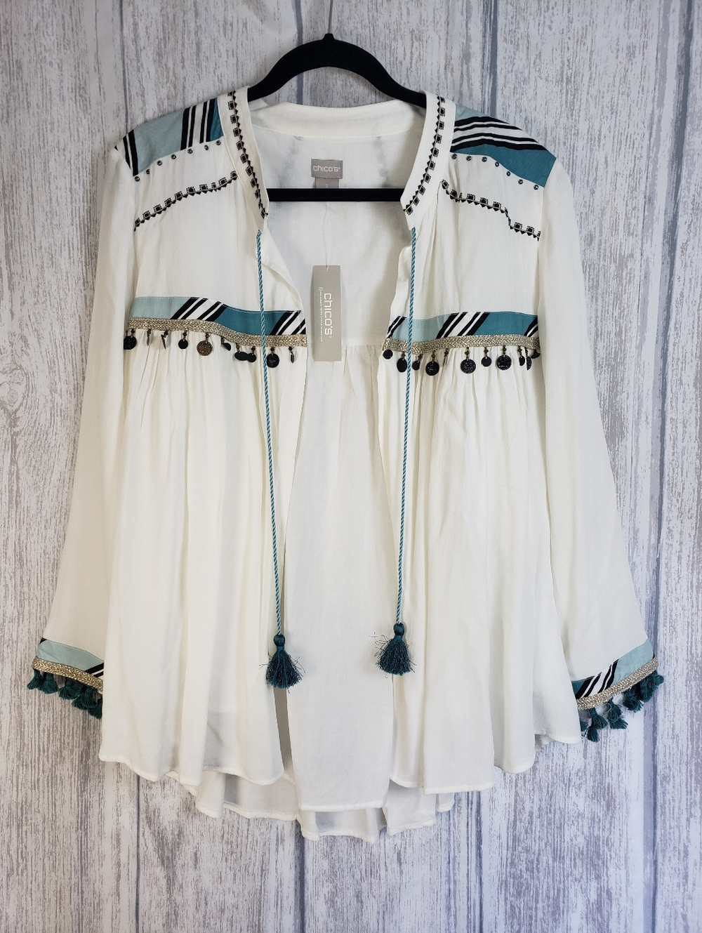 Chico's White Gauze Tunic Size 2 Large Teal Trim, Tassels, & Coins Bohemian NWT!